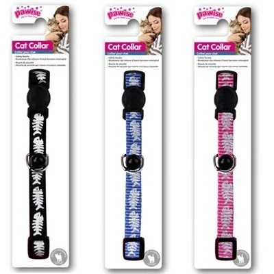 [8886467580178] Pawise Cat Collar -Fish Bone, Black/Red/Blue Asst