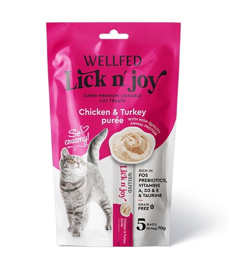 [5206819210844] Pet Interest Wellfed Lick N’ Joy Chicken and Turkey Puree 70g (5x14g)  For Cat