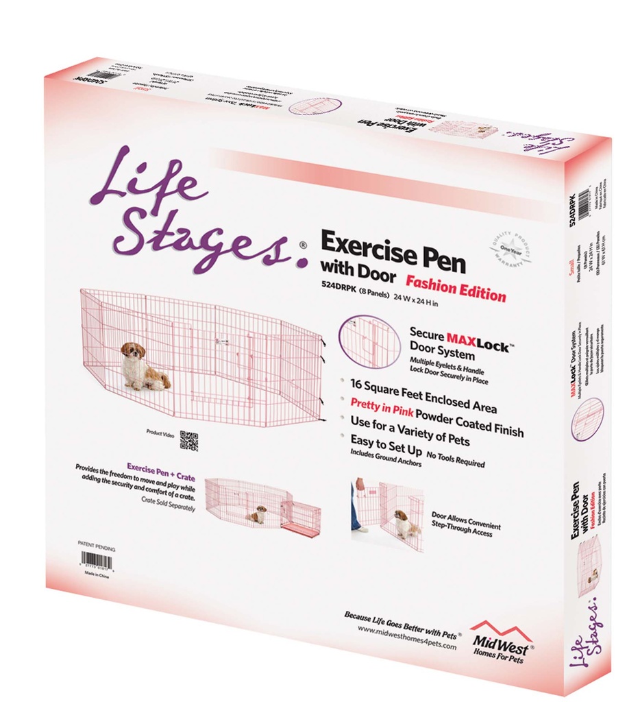 Midwest Exercise Pen W/Full Max Lock Door Pink 24''