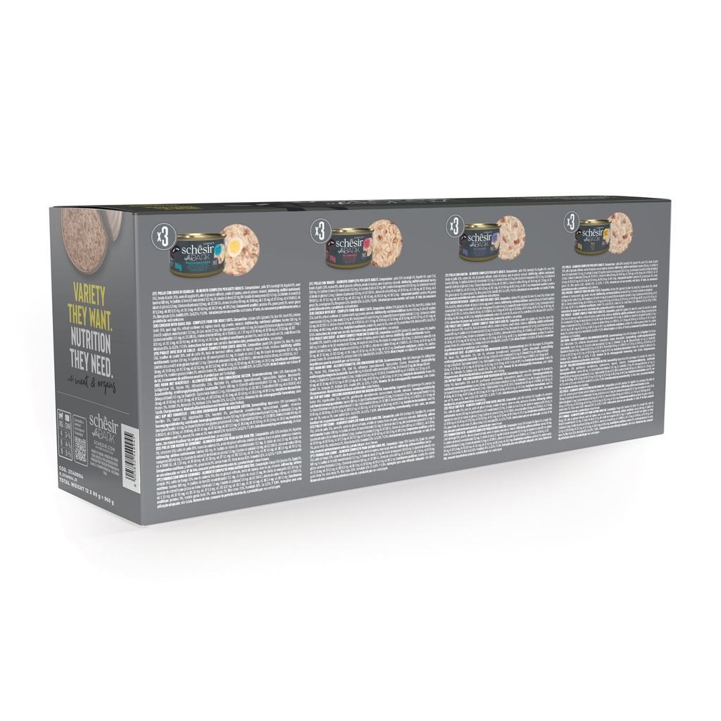 Schesir After Dark Can for Cat Variety Pack in Broth 12X80g (Chicken with Quail Egg,Beef &amp; Duck)