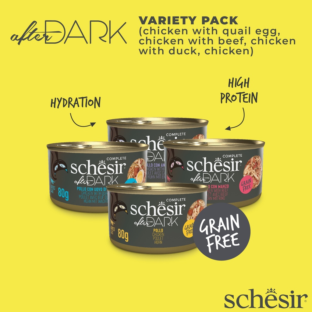 Schesir After Dark Can for Cat Variety Pack in Broth 12X80g (Chicken with Quail Egg,Beef & Duck)