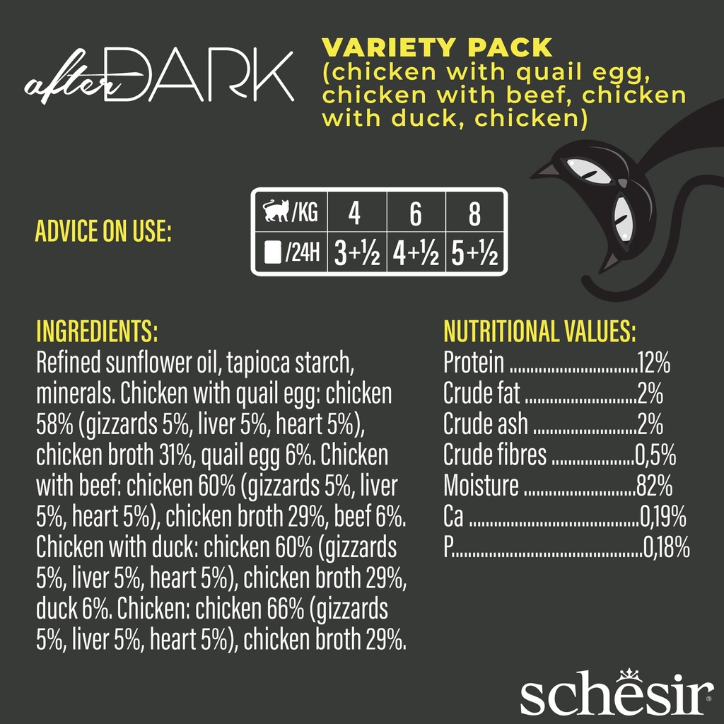 Schesir After Dark Can for Cat Variety Pack in Broth 12X80g (Chicken with Quail Egg,Beef & Duck)