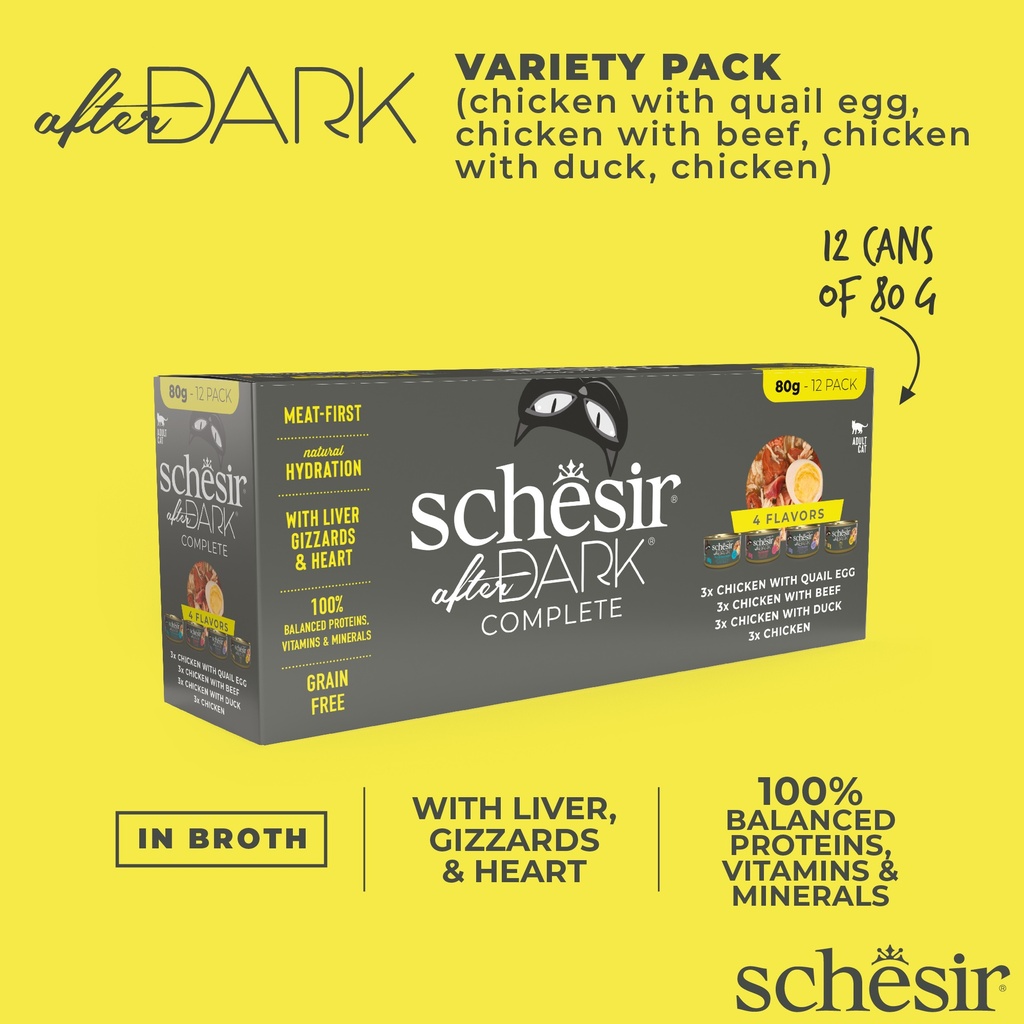 Schesir After Dark Can for Cat Variety Pack in Broth 12X80g (Chicken with Quail Egg,Beef & Duck)
