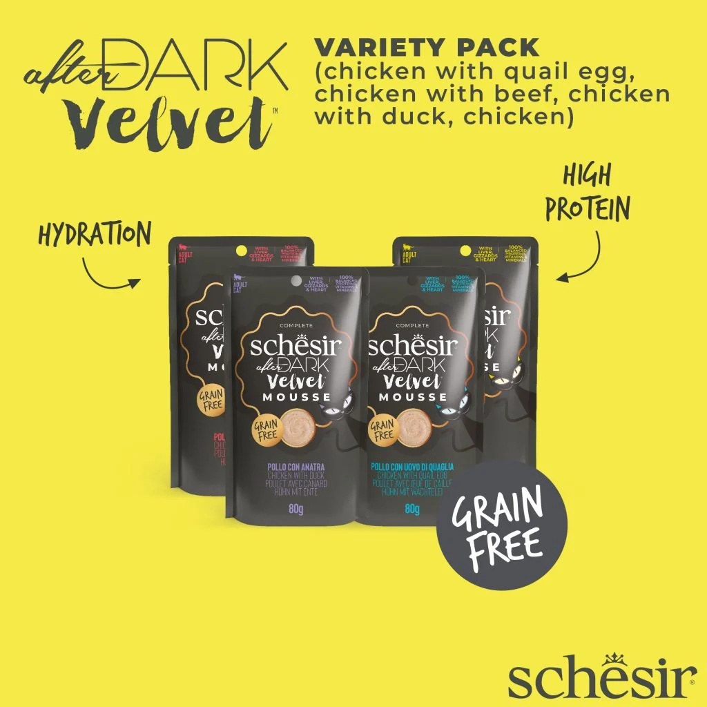Schesir After Dark Cat Pouch Velvet Mousse Chicken with Quail Egg ,Beef and Duck 80gX12Pk
