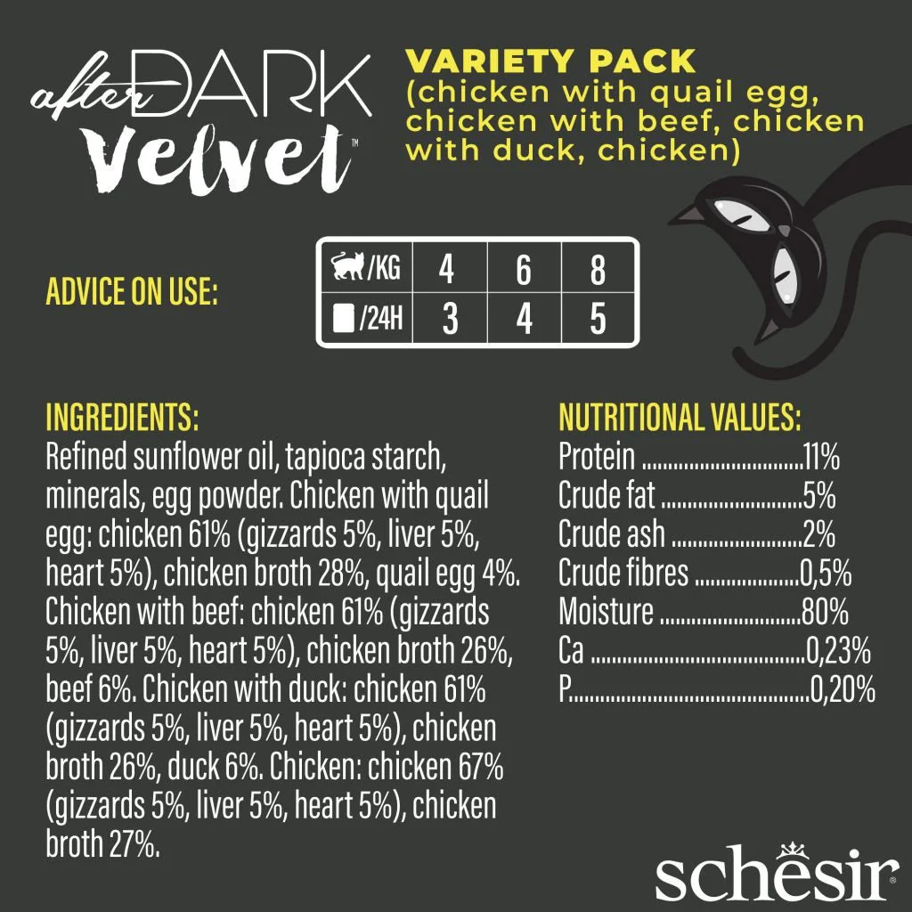 Schesir After Dark Cat Pouch Velvet Mousse Chicken with Quail Egg ,Beef and Duck 80gX12Pk