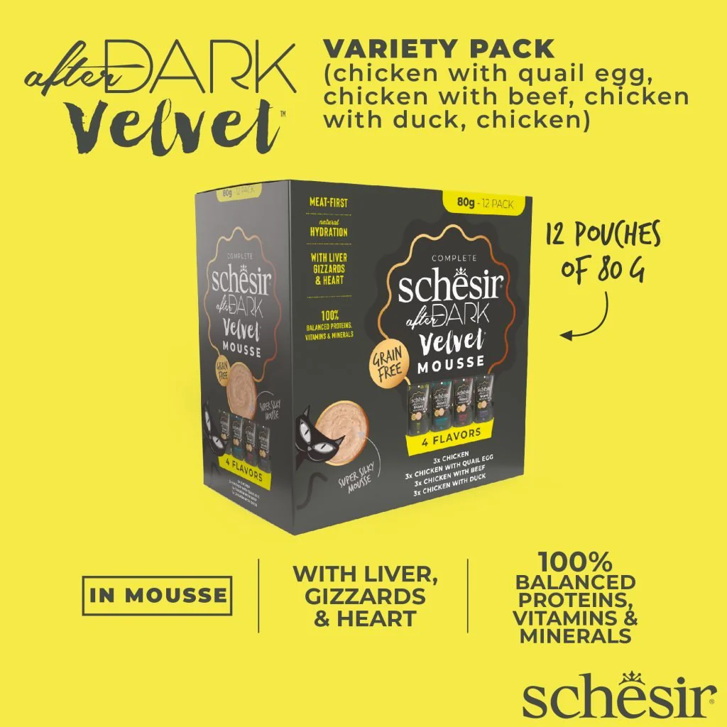 Schesir After Dark Cat Pouch Velvet Mousse Chicken with Quail Egg ,Beef and Duck 80gX12Pk