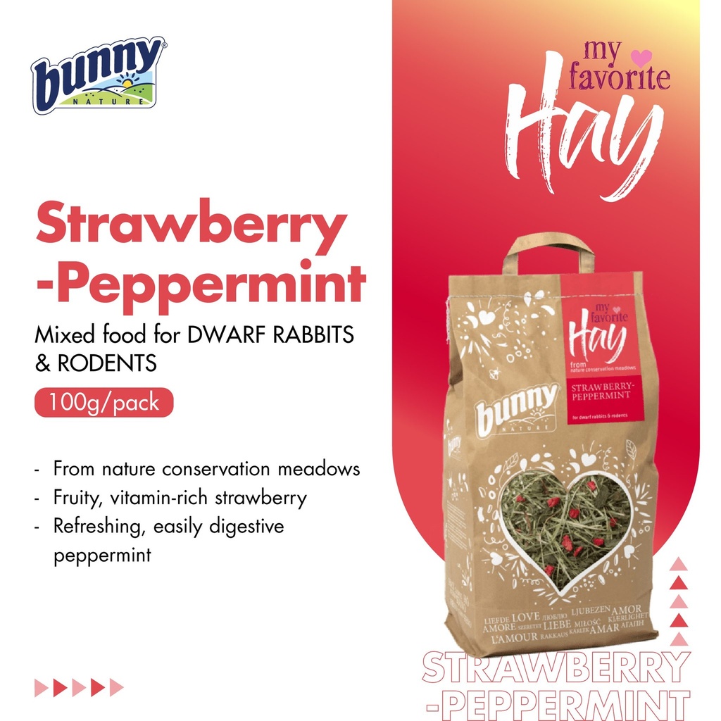 Bunny My Favorite Hay Strawberry &amp; Peppermint For Dwarf Rabbits and Rodents 100g
