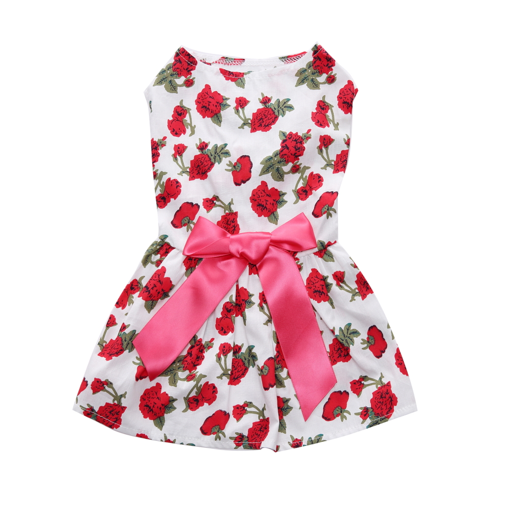 Pets.Love.Earth White with Roses Ribbon Cozy Sleeveless Dress Red