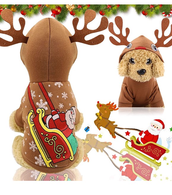 Pets.Love.Earth Christmas Hoodies with Santa Pattern and Elk Antlers