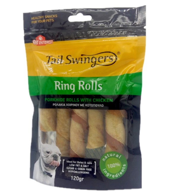Pet Interest Tail Swingers Ring Rolls Porkhide Sticks with Chicken 120g