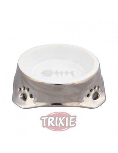 Trixie Cat bowl, ceramic, 0.15 l/ 12 cm, silver/white