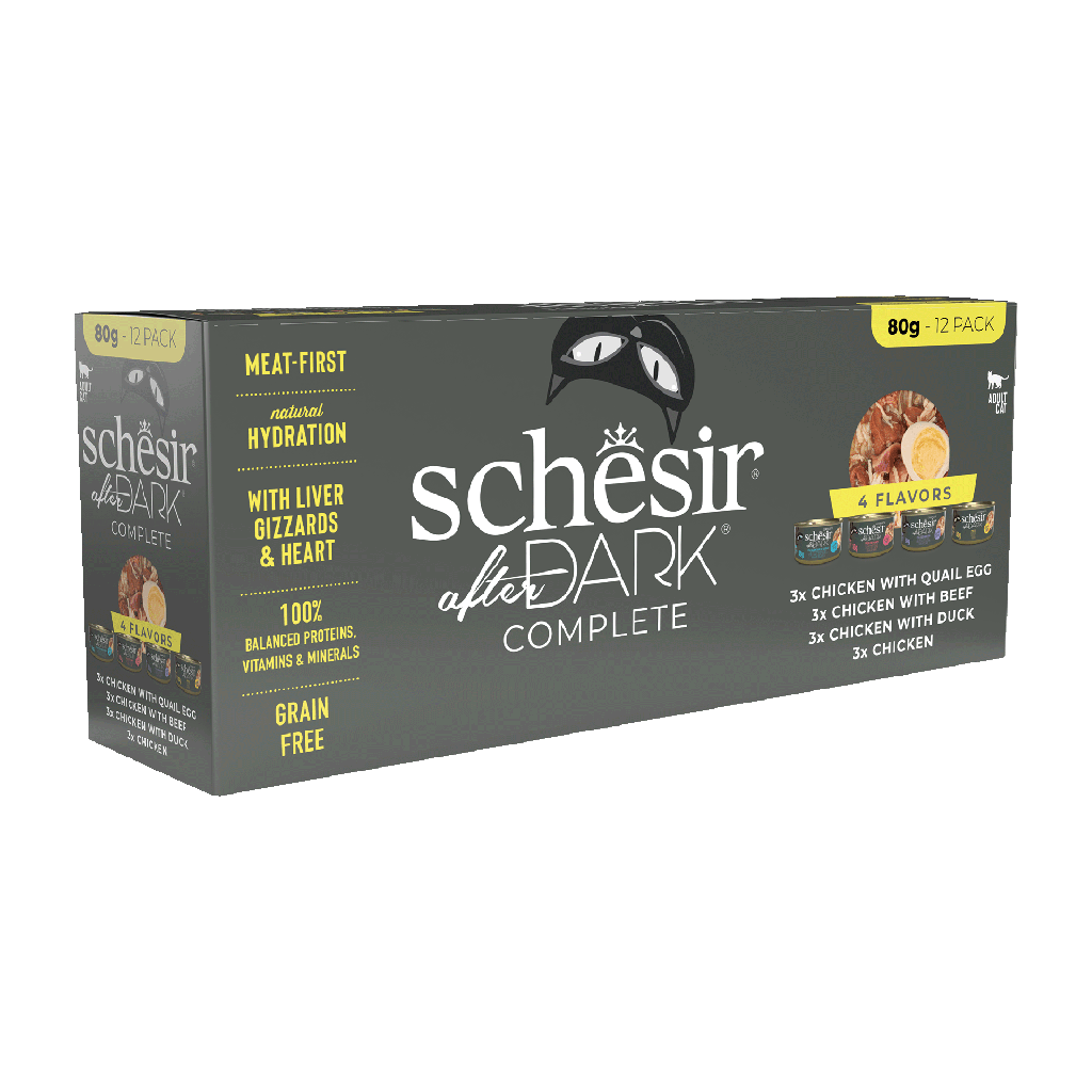 Schesir After Dark Can for Cat Variety Pack in Broth 12X80g (Chicken with Quail Egg,Beef &amp; Duck)