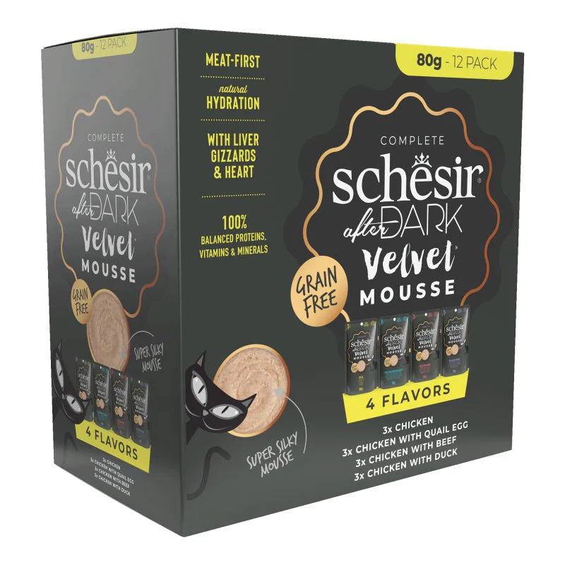 Schesir After Dark Pouch for Cat Variety Pack in Velvet Mousse12X80g (Chicken with Quail Egg,Beef &amp; Duck)