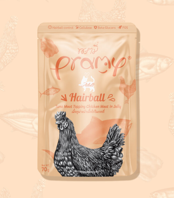 Pramy Tuna Meat Topping Chicken meat in Jelly Hairball Cat Pouch 70g