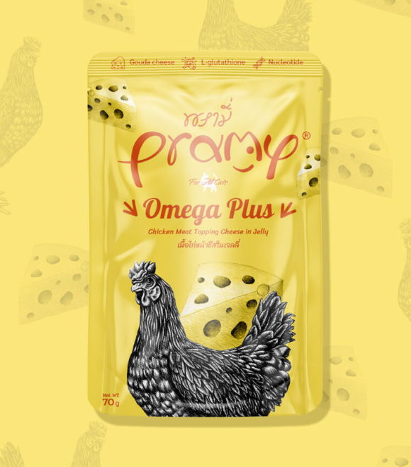 Pramy Chicken Meat Topping Cheese in Jelly Omega Plus Cat Pouch 70g