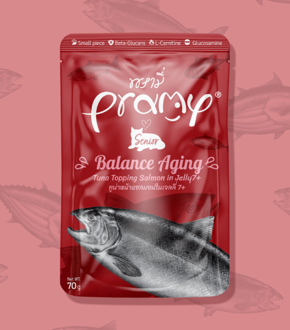 Pramy Tuna Topping Salmon in Jelly 7+ Balance Aging Cat Pouch 70g