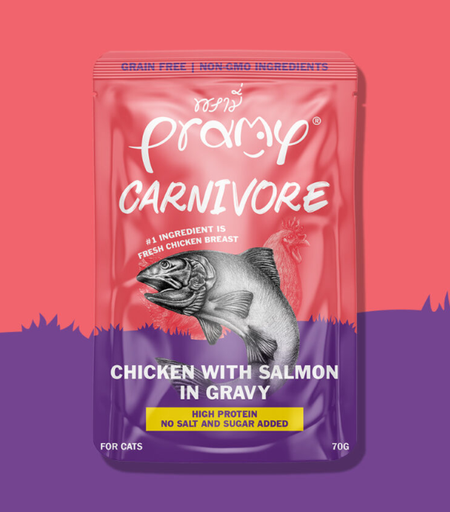 [8859601044928] Pramy Carnivore Chicken with Salmon In Gravy Cat Pouch 70g (1 Pouch)