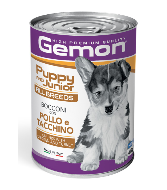 Gemon All Breeds Puppy & Junior Dog Chunks with Chicken & Turkey – 415g × 24 pcs