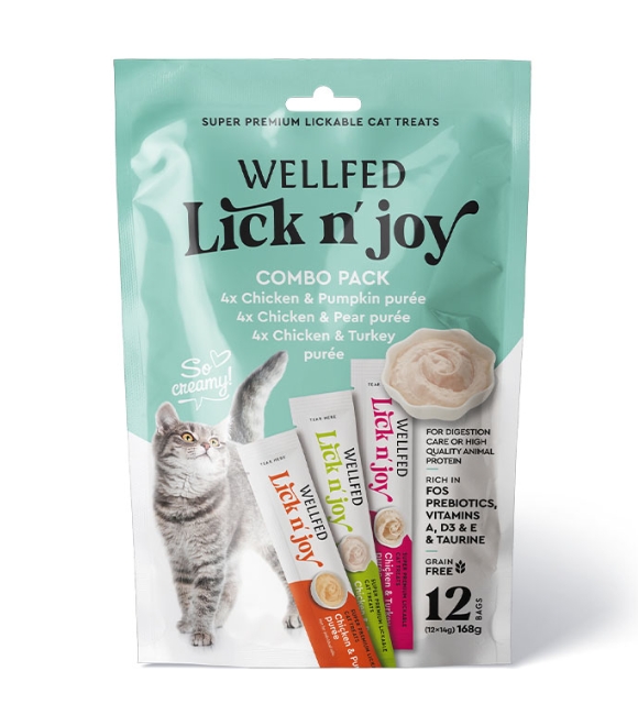 Pet Interest Wellfed Lick N’ Joy Chicken and Pumkin,Pear,Turkey Puree 168g (12X14g) For Cat