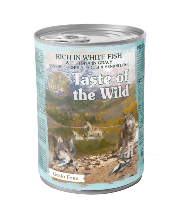 Taste of the Wild Rich in White Fish & Tuna in Gravy for Adult and Senior Dogs – 390g