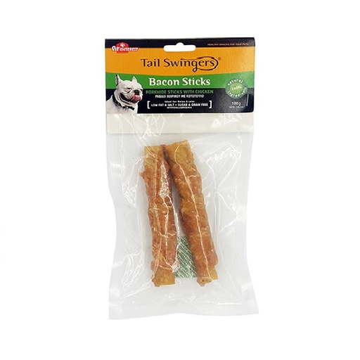[5206819110816] Pet Interest Tail Swingers Bacon Sticks Porkhide Sticks with Chicken 16Cm 100g