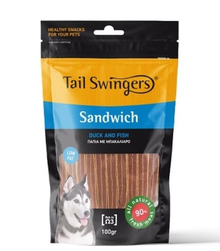 [5206819011144] Pet Interest Tail Swingers Sandwich Duck And Fish 100g