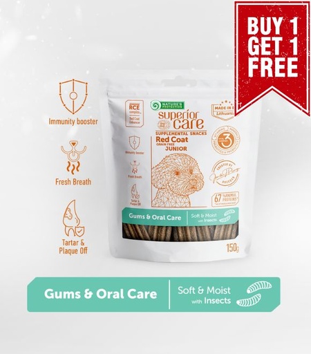 [4771317476586] Nature's Protection Superior Care Red Coat Supplemental Snack Gums &amp; Oral Care with Insects For Junior Dogs 150g