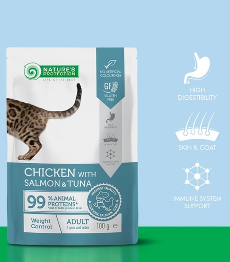 Nature’s Protection Weight Control Pouch with Chicken, Salmon & Tuna – Adult Cats (100g)