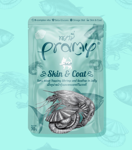 Pramy Tuna Meat Topping Shrimp and scallop in Jelly Skin and Coat Cat Pouch 70g