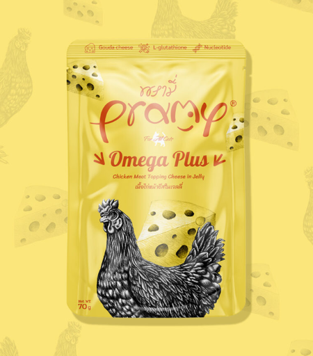 Pramy Chicken Meat Topping Cheese in Jelly Omega Plus Cat Pouch 70g