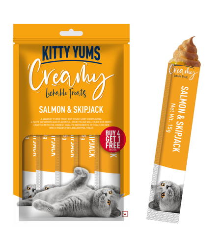 [8906125484133] Kitty Yums Creamy Treats – Salmon &amp; Skipjack 5 Sticks